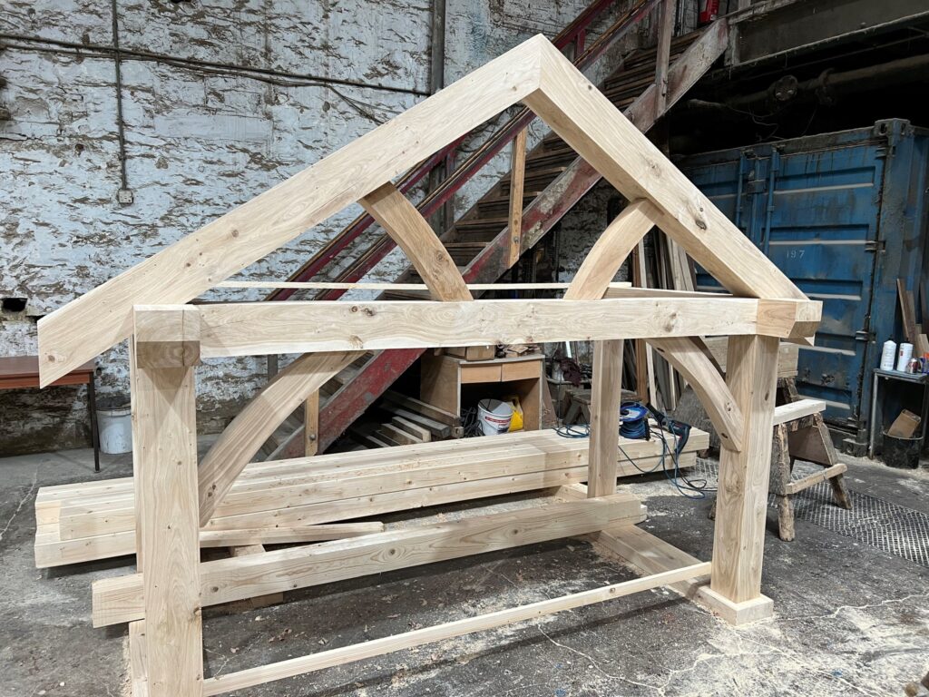 Oak porch ready to be dismantled and taken to site