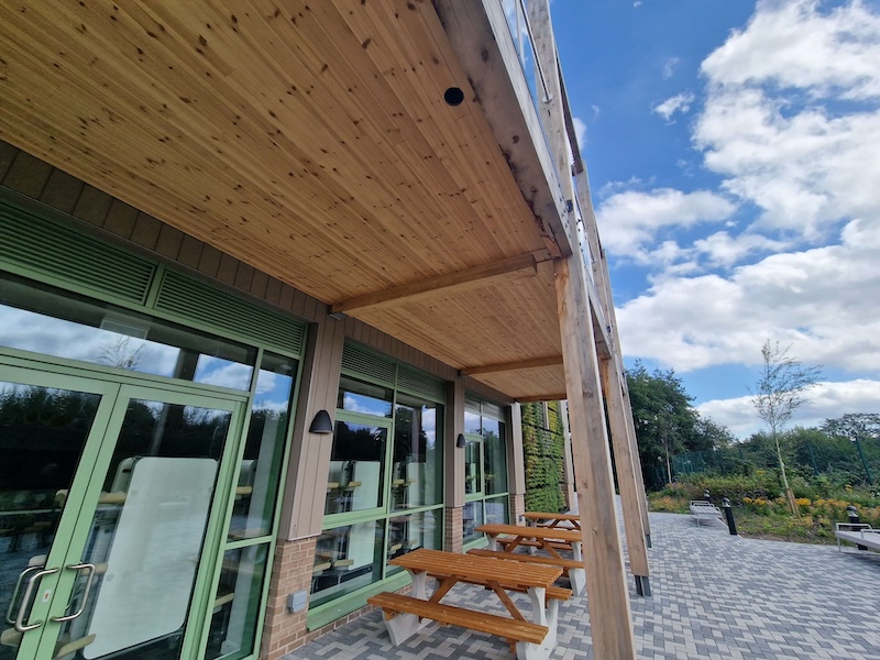 Engineered glulam beam installed in commercial building