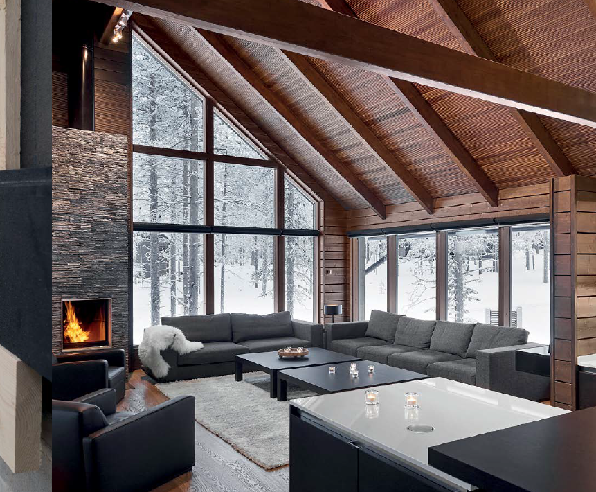 Exposed glulam beams in modern timber building