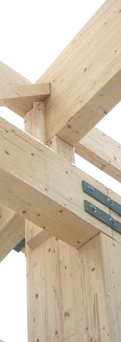 Exposed glulam beams in modern timber building