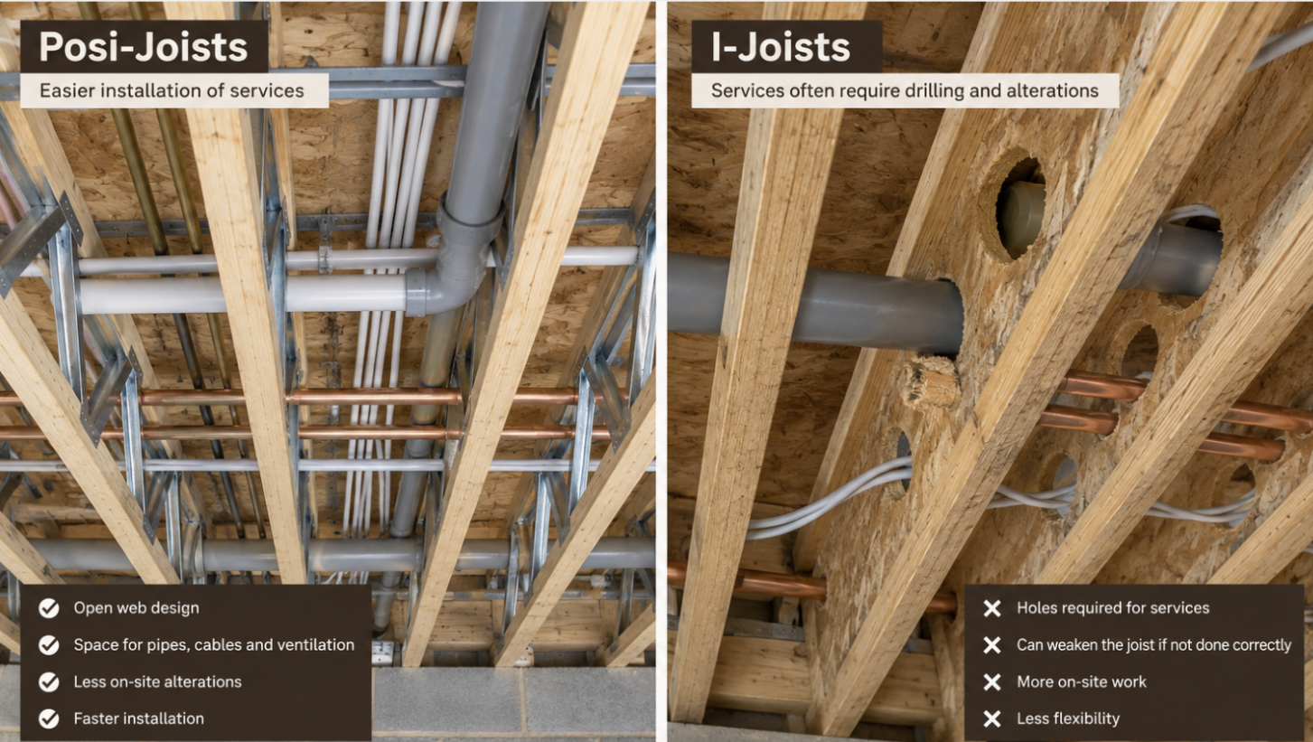 Posi-Joists compared with I-Joists for installing building services